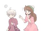  1boy 1girl ? ahoge alternate_hair_length alternate_hairstyle bangs bede_(pokemon) black_eyes blush bright_pupils brown_hair buttons coat collared_dress commentary_request curly_hair dress eyebrows_visible_through_hair flying_sweatdrops gloria_(pokemon) green_headwear grey_hair hands_up hat highres long_hair looking_at_another no_cardigan open_mouth pink_dress pokemon pokemon_(game) pokemon_swsh short_hair simple_background spoken_question_mark sweatdrop tam_o&#039;_shanter watch white_background white_pupils wristwatch yja61 