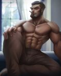  1boy abs absurdres arm_hair bara beard blurry blurry_background brown_hair bulge chest_hair cigar dark-skinned_male dark_skin facial_hair foot_out_of_frame forked_eyebrows gazef_stronoff hair_slicked_back hairy highres knee_up looking_at_viewer male_focus mature_male military military_uniform muscular muscular_male navel navel_hair nipples official_alternate_costume overlord_(maruyama) pectorals short_hair sitting smoking solo stomach thick_eyebrows topless_male uniform uu_(pixiv11319066) window 
