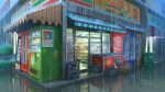  basket box building cash_register chinese_commentary commentary_request convenience_store door freezer highres light no_humans original package rain reflection reflective_water scenery shelf shop sign trash_can vending_machine water_drop xingzhi_lv 