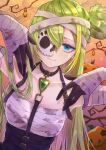  1girl absurdres alina_gray closed_mouth eyebrows_visible_through_hair green_eyes green_hair hair_between_eyes halloween highres long_hair looking_at_viewer magia_record:_mahou_shoujo_madoka_magica_gaiden mahou_shoujo_madoka_magica mask riri_(ririwaldorf) skull_mask smile solo 