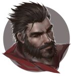  1boy bara beard cropped_shoulders face facial_hair graves_(league_of_legends) hair_slicked_back hair_strand jang_ju_hyeon league_of_legends lips male_focus male_pubic_hair mature_male mustache pubic_hair red_pupils short_hair smile solo thick_eyebrows white_background 