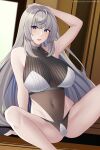  1girl armpits aslindsamure banned_artist bare_shoulders blue_eyes blush bra breasts cleavage competition_swimsuit covered_navel eyebrows_visible_through_hair feet_out_of_frame fx-05_(girls&#039;_frontline) girls&#039;_frontline grey_hair hand_on_floor hand_on_own_head highres large_breasts long_hair looking_at_viewer on_floor one-piece_swimsuit open_mouth panties patreon_username simple_background sitting solo swimsuit underwear white_bra white_panties white_swimsuit 