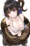  1girl arknights arm_strap bangs bare_shoulders black_gloves black_hair blue_hair blunt_bangs breasts camisole collarbone commentary covered_nipples eunectes_(arknights) eunectes_(forgemaster)_(arknights) gloves head_tilt highres jannong large_breasts multicolored_hair official_alternate_costume parted_lips pointy_ears purple_eyes seiza short_hair simple_background sitting snake_tail solo spaghetti_strap tail white_background 