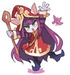  1girl animal_ears blush blush_stickers colored_skin dress ears_through_headwear fairy green_eyes hat holding holding_staff kasa large_hat league_of_legends long_hair lulu_(league_of_legends) open_hand open_mouth pointy_footwear purple_hair purple_skin red_dress red_headwear simple_background sleeves_past_wrists sparkle staff standing standing_on_one_leg striped striped_clothes very_long_hair white_background yordle 
