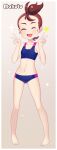  1girl :d absurdres bare_arms barefoot blush breasts brown_hair closed_eyes commentary double_v eyelashes full_body gazing_eye hands_up happy highres knees male_swimwear midriff navel open_mouth pokemon pokemon_(anime) pokemon_m20 short_hair sleeveless smile solo sparkle standing star_(symbol) swim_briefs tied_hair toes tongue topknot v verity_(pokemon) 