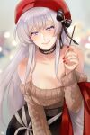  1girl aran_sweater azur_lane belfast_(azur_lane) belfast_(shopping_with_the_head_maid)_(azur_lane) beret black_ribbon black_skirt breasts brown_sweater choker cleavage earrings food hat holding holding_food holding_pocky hoop_earrings jewelry large_breasts light_purple_hair long_hair looking_at_viewer muki_(mayuiki) off-shoulder_sweater off_shoulder official_alternate_costume pocky purple_eyes red_headwear red_nails red_shawl ribbon skirt solo standing sweater 