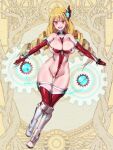  1girl :d ass_visible_through_thighs bare_shoulders between_breasts blonde_hair breasts cleavage cocytus_(wind_master) covered_navel dairoku_ryouhei drill_hair elbow_gloves electricity eyebrows_visible_through_hair floating gear_hair_ornament gears gem gloves glowing groin hair_between_eyes hair_ornament large_breasts leotard mechanical_legs no_bra no_panties open_mouth red_eyes red_leotard revealing_clothes roots shiny shiny_skin smile solo teeth thigh_strap thighhighs thighs tree twintails upper_teeth wedgie yellow_background 