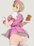  1girl apron bangs becky-4545 breasts brown_eyes brown_hair burger commentary_request dress employee_uniform eyebrows_visible_through_hair fast_food_uniform food from_behind fukuda_noriko gloves grey_background hair_ornament hairclip hands_up hat highres holding holding_plate idolmaster idolmaster_million_live! idolmaster_million_live!_theater_days large_breasts looking_at_viewer looking_back panties pantyshot parted_lips pink_dress pink_headwear plate plump puffy_short_sleeves puffy_sleeves short_dress short_hair short_sleeves simple_background solo standing striped striped_dress sweat thighhighs underwear uniform waist_apron white_apron white_gloves white_legwear white_panties white_sleeves 