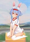  1girl absurdres animal_ear_fluff animal_ears bangs blue_hair buruma closed_mouth commentary double_bun flat_chest full_body gym_shirt gym_uniform head_tilt headband highres hololive licking_lips looking_at_viewer orange_eyes rabbit_ears rabbit_girl rabbit_tail red_buruma rifufu shirt sidelocks sitting sketch solo symbol-shaped_pupils tail thick_eyebrows thighhighs tongue tongue_out usada_pekora virtual_youtuber wariza white_legwear 