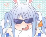  +++ 1girl :d animal_ear_fluff animal_ears blue_hair blush braid catchphrase covered_eyes facing_viewer hololive kukie-nyan laughing multicolored_hair open_mouth rabbit_ears smile solo sunglasses twin_braids twitter_username two-tone_hair usada_pekora virtual_youtuber white_hair 