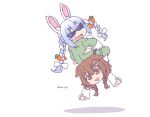  2girls :d animal_ears blue_hair bone_hair_ornament bow braid brown_eyes brown_hair dog_ears eyebrows_visible_through_hair fighting hair_bow hair_ornament hololive inugami_korone kukie-nyan long_hair martial_arts multicolored_hair multiple_girls open_mouth rabbit_ears simple_background smile sunglasses twin_braids twitter_username two-tone_hair usada_pekora virtual_youtuber white_background white_bow white_hair 