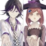  1boy 1girl danganronpa_(series) danganronpa_10th_anniversary_costume danganronpa_v3:_killing_harmony dress flipped_hair formal hair_ornament hairclip hat highres jacket ouma_kokichi purple_hair red_hair rorikon_shinshi short_hair white_jacket witch_hat yumeno_himiko 