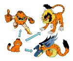  arrow_(symbol) cat commentary digimon digimon_(creature) dragon english_commentary evolutionary_line garfield garfield_(character) highres lion mecha no_humans parody sam_o simple_background white_background 