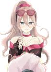  1girl bangs bare_shoulders black_gloves blonde_hair blue_eyes blush bouquet breasts commentary_request danganronpa_(series) danganronpa_v3:_killing_harmony dress fingerless_gloves gloves goggles goggles_on_head hair_between_eyes hair_ornament hair_scrunchie hand_up highres iruma_miu long_hair long_sleeves looking_at_viewer off-shoulder_dress off_shoulder parted_lips red_scrunchie rorikon_shinshi scrunchie simple_background sunglasses white_background 