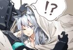  !? 1girl 1other ambiguous_gender animal_ears arknights black_gloves black_jacket blue_eyes cat_ears doctor_(arknights) exion_(neon) gloves grey_hair hood hood_up jacket long_hair mask one_eye_closed open_mouth rosmontis_(arknights) rubbing_eyes speech_bubble spoken_interrobang sweatdrop waking_up 