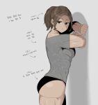  1girl abs brown_eyes brown_hair eyebrows_visible_through_hair geumgang_(odd_snail) grey_background grey_shirt highres korean_commentary korean_text muscular muscular_female oddsnail original parted_lips ponytail shirt short_sleeves simple_background solo translation_request 