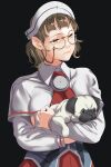  1girl animal black_background brown_eyes brown_hair capelet closed_mouth commentary dog fine_art_parody glasses highres kantai_collection lady_with_an_ermine lips long_sleeves parody pince-nez pleated_skirt red_skirt roma_(kancolle) shingyou_(alexander-13) shirt short_hair simple_background skirt solo upper_body white_shirt 