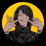  1girl :q bangs black_background black_hair black_jacket closed_eyes facing_viewer hands_up high_collar highres ieiri_shoko jacket jujutsu_kaisen jujutsu_tech_uniform long_sleeves nashizato_(99) short_hair smile solo swept_bangs tongue tongue_out upper_body yellow_background 