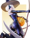  1girl android ass bare_shoulders blindfold bodysuit boots breasts crab elbow_gloves emil_(nier) from_behind gloves halloween halloween_costume hat high_heel_boots high_heels highres jack-o&#039;-lantern medium_breasts nier_(series) nier_automata pumpkin scythe shiny shiny_clothes shiny_hair shiny_skin short_hair sideboob silver_hair skin_tight solo stormyorha yorha_no._2_type_b 