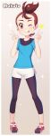  1girl absurdres blue_shirt blush brown_eyes brown_hair character_name closed_mouth collarbone commentary double_v eyelashes full_body gazing_eye hands_up highres knees leggings looking_at_viewer pigeon-toed pokemon pokemon_(anime) pokemon_m20 red_footwear shirt shoes short_sleeves shorts side_slit side_slit_shorts smile solo standing star_(symbol) tied_hair tongue tongue_out topknot v verity_(pokemon) white_shorts 