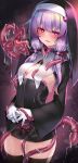  1girl absurdres breast_curtains breasts commentary_request corruption cowboy_shot eyebrows_visible_through_hair gloves habit hair_between_eyes highres kutan looking_at_viewer nun pubic_tattoo purple_hair slime_(substance) small_breasts solo tattoo tentacles thighhighs voiceroid yuzuki_yukari 