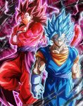  2boys aura biceps blue_eyes body_fur closed_mouth dougi dragon_ball dragon_ball_heroes dragon_ball_super dual_persona earrings gloves highres jewelry looking_at_viewer male_focus monkey_boy monkey_tail multiple_boys no_nipples obi orange_shirt pants pectorals pink_fur potara_earrings red_fur red_pants saiyan sash shirt spiked_hair super_full_power_saiyan_4_limit_breaker super_saiyan super_saiyan_4 super_saiyan_blue super_saiyan_blue_evolved tail ushi_(akabec0) vegetto vegetto_(xeno) white_gloves white_legwear 