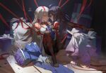  2girls ahoge bangs bare_legs bare_shoulders barefoot black_hair black_legwear bound bouquet box breasts bronya_zaychik chinese_commentary commentary_request dated detached_sleeves dress english_commentary feet flower gift gift_box grey_eyes hair_between_eyes highres honkai:_star_rail honkai_(series) kneehighs large_breasts long_hair long_sleeves looking_at_another looking_at_viewer mixed-language_commentary multiple_girls no_shoes pantyhose pillow purple_dress purple_eyes purple_flower purple_hair red_ribbon restrained ribao ribbon ribbon_bondage saliva saliva_trail seele_vollerei signature simple_background sitting sleeveless sleeveless_dress soles striped tongue tongue_out very_long_hair white_dress yuri 