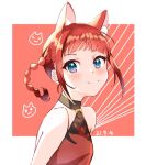  1girl animal_ears asukagawa_chise blue_eyes blush braid dated gridman_universe hechuan looking_at_viewer mole mole_under_mouth o-ring red_background red_hair shirt sidelocks simple_background sleeveless sleeveless_shirt smile solo ssss.dynazenon twin_braids twintails upper_body 