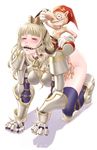  1girl armor armored_dress bell bell_collar bit_gag blonde_hair blue_eyes collar cookie crown food gag gagged gloves gnome grin humiliation lord_knight monster mr.romance no_panties pony_play ragnarok_online riding shirtless slave smile spiked_knuckles tears thighhighs 