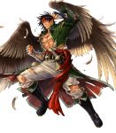  1boy abs bandage belt boots dagger ear_piercing feathered_wings feathers fire_emblem fire_emblem:_akatsuki_no_megami fire_emblem:_souen_no_kiseki fire_emblem_heroes full_body headband highres male_focus nintendo official_art one_eye_closed open_clothes open_shirt piercing pointy_ears scar solo suekane_kumiko teeth tibarn torn_clothes transparent_background weapon wings 