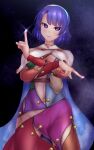  1girl blue_eyes blue_hair breasts cape cloak cowboy_shot highres large_breasts looking_at_viewer midriff multicolored_clothes multicolored_hairband navel night night_sky patchwork_clothes pointing rainbow_gradient short_hair shounen_(hogehoge) sky sky_print stomach tenkyuu_chimata touhou unzipped yellow_bag zipper 