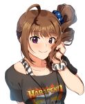  1girl ahoge bangs black_shirt blue_scrunchie brown_hair closed_mouth commentary cowboy_shot drill_hair eyebrows_visible_through_hair hair_ornament hair_scrunchie hand_in_hair idolmaster idolmaster_million_live! jewelry kamille_(vcx68) light_blush looking_at_viewer medium_hair necklace print_shirt purple_eyes scrunchie shirt side_drill side_ponytail simple_background smile solo star_(symbol) star_print t-shirt tank_top white_background white_scrunchie white_shirt wrist_scrunchie yokoyama_nao 