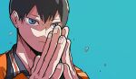  1boy bangs black_hair blue_background blue_eyes chappii_(paon_gunsou) closed_mouth commentary_request fingernails fingers haikyuu!! hair_between_eyes hands highres jersey kageyama_tobio male_focus own_hands_together short_hair solo sportswear sweat volleyball_uniform 