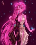  1girl absurdres black_dress black_nails blue_butterfly breasts bug butterfly butterfly_on_hand cleavage coconuthound colored_skin crown dress english_commentary freckles halterneck heterochromia highres long_hair looking_at_viewer lore_olympus parted_lips persephone_(lore_olympus) pink_eyes pink_hair pink_skin pink_theme red_eyes simple_background sleeveless solo split_theme standing two-tone_dress very_long_hair white_dress 