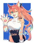  1girl ;d animal_hands animal_nose breasts cat_girl cat_tail commission fangs furry furry_female green_eyes hand_up large_breasts long_hair one_eye_closed ooshio7734 original ponytail slit_pupils smile snout solo tail turtleneck 