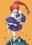 1girl black_legwear blue_eyes capelet commentary_request dress flower full_body grass hair_flower hair_ornament hide_(hideout) highres holding holding_sword holding_weapon knee_pads long_hair long_sleeves looking_at_viewer orange_background original parted_lips ponytail purple_capelet purple_dress red_hair simple_background smile socks solo standing sword vest weapon white_flower white_footwear white_vest 