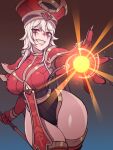  1girl armor breasts cape carcass_(artist) casting_spell cleavage elbow_gloves eyebrows_visible_through_hair gem gloves grey_hair hair_between_eyes hat heroes_of_the_storm highleg highleg_leotard highres holding holding_staff jewelry large_breasts leotard long_hair necklace pauldrons red_eyes red_gloves red_headwear red_legwear sally_whitemane shoulder_armor sketch smile solo staff teeth thick_thighs thighhighs thighs warcraft world_of_warcraft 