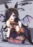  1girl absurdres animal_ears arm_support bat black_bow black_bowtie black_gloves black_hair black_wings blue_flower blue_rose bow bowtie brooch claw_pose collared_shirt commentary demon_wings fang flower frilled_hairband frilled_skirt frills gloves hair_flower hair_ornament hair_over_one_eye hairband halloween halloween_costume highres horse_ears horse_girl horse_tail jack-o&#039;-lantern_ornament jewelry kneeling leaning_forward long_hair looking_at_viewer make_up_in_halloween!_(umamusume) medium_skirt onomaoo open_mouth orange_bow puffy_short_sleeves puffy_sleeves purple_eyes purple_footwear purple_skirt rice_shower_(umamusume) rose shirt shoes short_sleeves skirt smile solo tail umamusume white_hairband white_shirt wings 