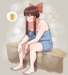  1girl alcohol alternate_eye_color bad_id bad_twitter_id bangs barefoot beer beer_mug black_eyes blush bow breasts brown_hair closed_mouth commentary cookie_(touhou) cup eyebrows_visible_through_hair full_body hair_bow hair_tubes hakurei_reimu highres hot large_breasts looking_afar mug naked_towel ohasi plump red_bow reu_(cookie) sauna short_hair_with_long_locks sidelocks sitting solo sweat thinking touhou towel 