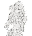  1boy absurdres android apex_legends arm_blade ash_(titanfall_2) ash_(titanfall_2)_(cosplay) cosplay cracked_mask greyscale hair_behind_ear highres holding holding_mask hood hood_up lauren_iroas long_hair looking_at_viewer male_focus mask monochrome nijisanji shui_boli sketch solo virtual_youtuber weapon white_background 