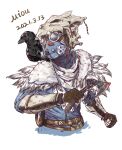  1other ambiguous_gender animal_on_shoulder animal_skull apex_legends artist_name axe bird bird_on_shoulder black_eyes black_gloves blood blood_on_weapon bloodhound_(apex_legends) blue_shirt chinese_commentary clenched_hand crow dated feather_trim fingerless_gloves gloves helmet highres holding holding_axe miou rebreather shirt weapon young_blood_bloodhound 