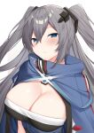  1girl absurdres azur_lane bangs black_dress blue_cloak blue_eyes blush breasts cleavage cloak closed_mouth commentary commission dress eyebrows_visible_through_hair glowing grey_hair hair_between_eyes hair_ornament highres intrepid_(azur_lane) kurigura_(sketch_san) large_breasts long_hair looking_at_viewer no_mole sidelocks simple_background solo strapless strapless_dress two_side_up upper_body very_long_hair white_background 