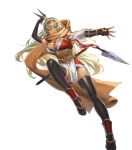  1girl arm_guards armor bangs black_gloves black_legwear blonde_hair breasts cleavage closed_mouth cuboon dark-skinned_female dark_skin elbow_gloves fingerless_gloves fire_emblem fire_emblem:_the_binding_blade fire_emblem_heroes full_body gloves hair_ornament hairband highres igrene_(fire_emblem) japanese_clothes large_breasts leg_up lipstick long_hair looking_away makeup mole mole_under_eye ninja official_art pelvic_curtain sandals scarf sheath sheathed shiny shiny_clothes shiny_hair shiny_skin sleeveless solo sword thighhighs thighs throwing transparent_background weapon yellow_eyes 