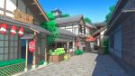  absurdres basket bush cabbage carrot chinese_commentary commentary_request entrance fence grass highres hiragana kanji lantern no_humans original plant red_umbrella rooftop scenery shade shop sign summer tree umbrella village xingzhi_lv 