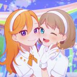  2girls blue_eyes blue_sky blush brown_hair bunting closed_mouth cloud collared_shirt commentary english_commentary eyebrows_visible_through_hair from_side gloves highres looking_at_viewer love_live! love_live!_superstar!! multiple_girls neck_ribbon one_eye_closed open_mouth orange_hair orange_ribbon purple_eyes ribbon shibuya_kanon shirt short_hair short_sleeves sky smile star_(symbol) string_of_flags tang_keke teeth upper_body uuu&amp;no white_gloves white_hair white_shirt 