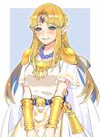  1girl armor blonde_hair blue_eyes blush breasts cape commentary_request commission cowboy_shot dress earrings gold grin jewelry long_hair necklace ooshio7734 pointy_ears princess_zelda shoulder_armor sidelocks skeb_commission smile solo super_smash_bros. the_legend_of_zelda the_legend_of_zelda:_a_link_between_worlds white_dress 