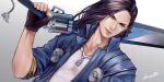  1boy black_hair closed_mouth final_fantasy final_fantasy_viii fingerless_gloves gloves green_eyes gunblade hiromyan jacket jewelry laguna_loire long_hair looking_at_viewer male_focus necklace simple_background smile solo weapon 