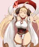  1girl ahoge alternate_costume andira_(granblue_fantasy) andira_(granblue_fantasy)_(cosplay) anila_(granblue_fantasy) bare_shoulders blush breasts cleavage closed_mouth cosplay detached_sleeves draph granblue_fantasy hairband heart horns large_breasts long_hair open_mouth outstretched_arms shousetsu simple_background smile solo teeth thighhighs very_long_hair wide_sleeves 