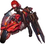  1girl absurdres bangs biker_clothes bikesuit black_gloves blue_eyes bodysuit breasts collar eyebrows_visible_through_hair game_cg gloves ground_vehicle guardian_tales gun gunblade highres holding holding_weapon large_breasts long_hair looking_at_viewer motor_vehicle motorcycle movie_star_eugene official_art red_hair skin_tight smile solo sword transparent_background weapon zipper 