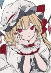  1girl absurdres bangs bed blonde_hair bow closed_mouth collar collared_shirt crystal daimaou_ruaeru dress eyebrows_visible_through_hair flandre_scarlet frills hair_between_eyes hands_on_own_face hands_up hat hat_bow heart highres jewelry lying mob_cap one_eye_closed puffy_short_sleeves puffy_sleeves red_bow red_dress red_eyes red_nails shirt short_hair short_sleeves simple_background solo touhou white_background white_headwear white_shirt wings wrist_cuffs 